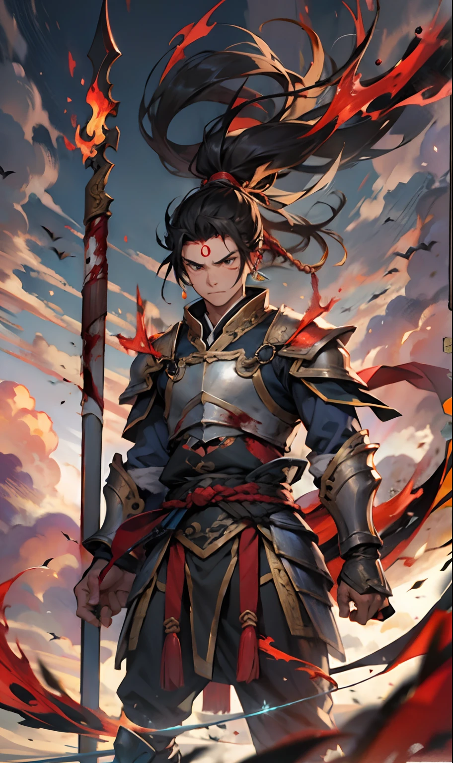 1 boy with three eyes， blood in face， irate， With a spear， （Fly）， Chinese mythology， The cloudy， Detailed sky， abstract backgrounds， （Flame_Surge_Style：0.5），Hair coiled，hair in a ponytail，Dressed in armor，Strong body，Tall，Spear in hand，The body was suspended in the air，