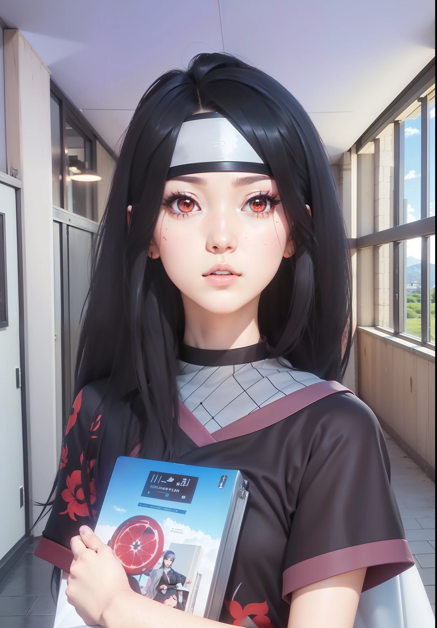 A real Life adaption of this character,her name is Hana from anime boruto ,hyper realistic ,detailed black long hair and The bottom of his hair is red , high resolution, photorealistic,very detailed,realistic outfit, detailed shining red eyes color,Japanese cute girl face,
