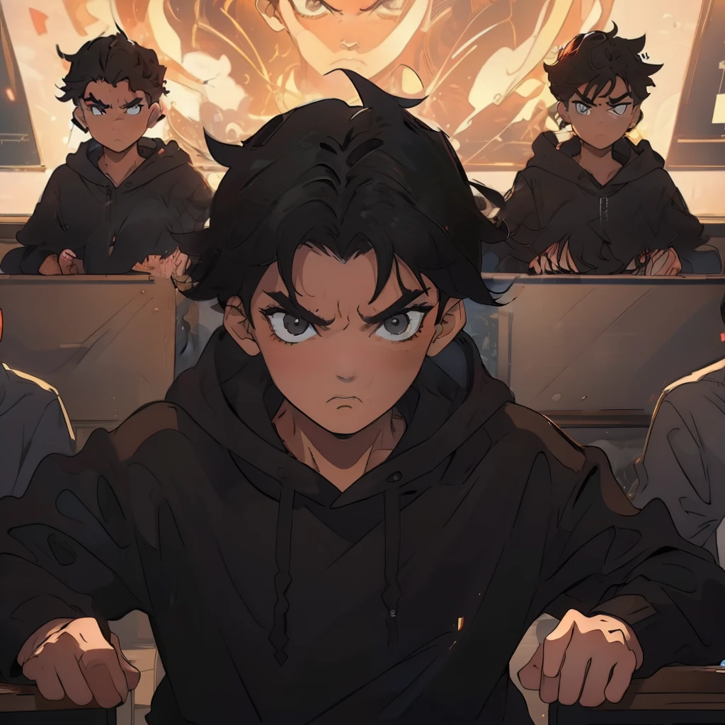 best qualityer,One was wearing a black sweatshirt,Boy with short black hair,Angry expressions,Sharp eyes,in class room,