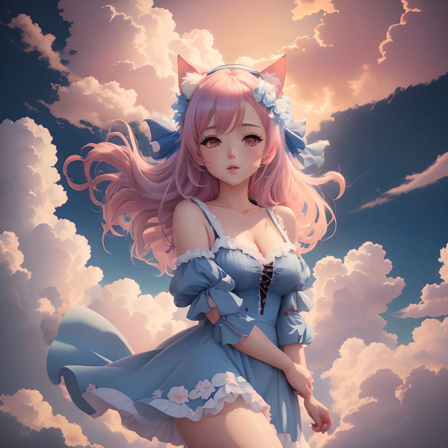 Anime girl in a blue dress standing in front of an overcast sky, estilo anime 4K, nuvens de anime, 4k anime wallpapers, Anime Wallpaper 4k, Anime Art Wallpaper 8K, Anime Art Wallpaper 4K, Anime Art Wallpaper 4K, Papel de parede anime 4k, 4 k manga wallpaper, nuvens da ******, nuvens de anime rosa fofas, anime wallpaper, anime sky , garota com orelhas de gato, catgirl