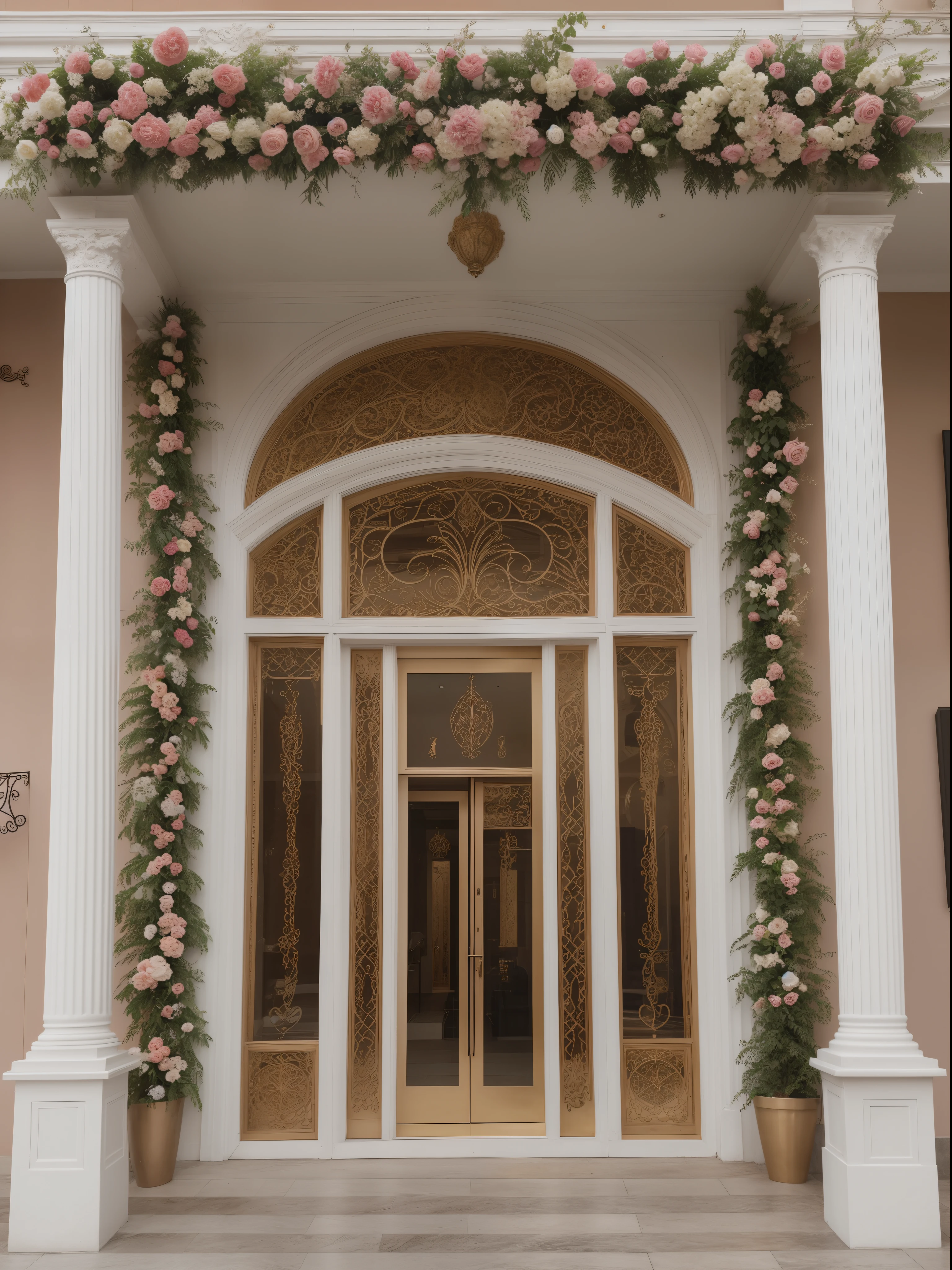 fachada de uma loja de rua, vestido de noiva na vitrine de vidro, loja em formato de bolo de noiva com paredes de pedra de porcelana, detalhes em ouro, rosas vermelhas decorativas, foto central, luz do dia, luxuoso, imagem central, super detalhada