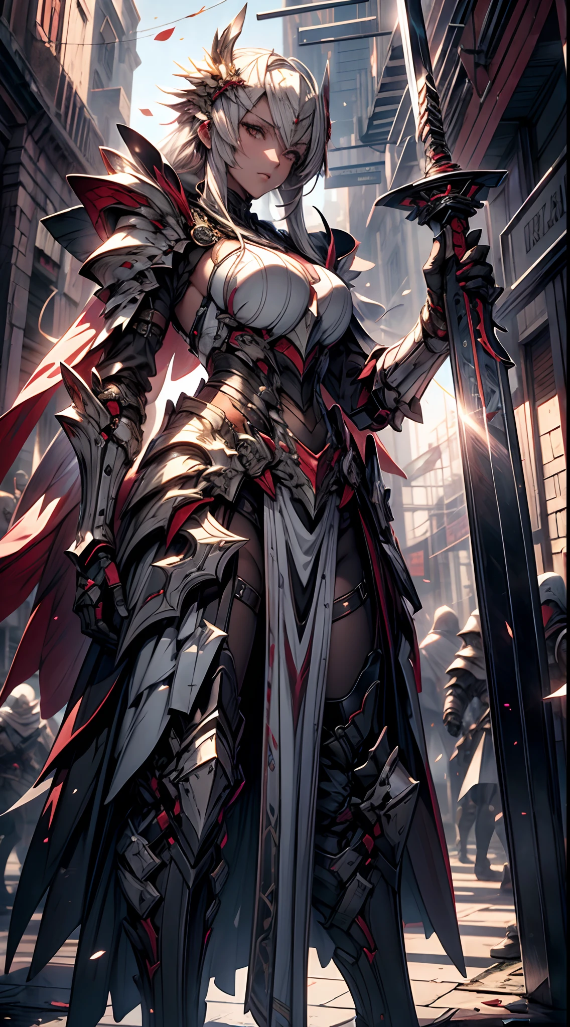 (a teenager male knight in cracked sliver armor), handsome, ((he raise a long sword that gleaming with shine)), a shield on his hand,a giant fantasy gate church behind him, light from the sky, BREAK silver hair, black hair, gradient hair, full body,chiaroscuro, cinematic lighting, god rays, ray tracing, reflection light, ((close-up)), BREAK,Detailed,Realistic,4k highly detailed digital art,octane render, bioluminescent, BREAK 8K resolution concept art, realism,by Mappa studios,masterpiece,best quality,official art,illustration,ligne claire,(cool_color),perfect composition,absurdres, fantasy,focused,rule of third