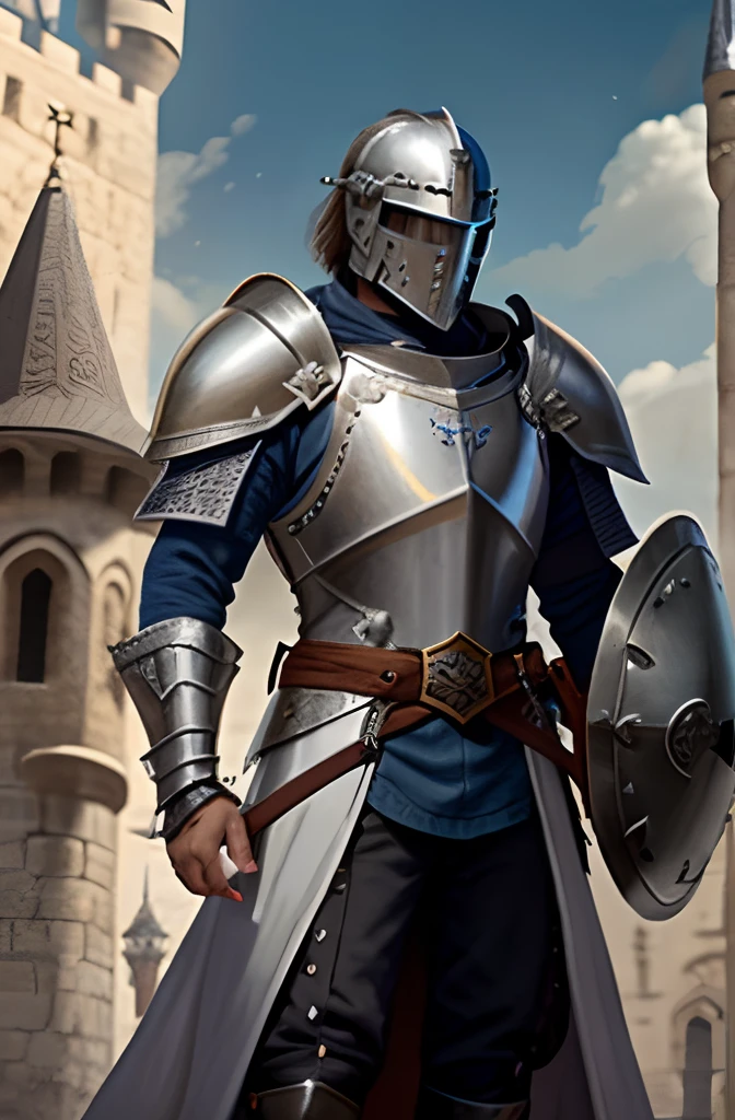 A knight in armor stands in front of the castle, Male paladin, knight wearing plate armor, fantasy paladin man, full portrait of magical knight, fantasy knight, armored knight, arsen lupin as a paladin, Knight in armor, A human male paladin, paladin armor, picture of a male cleric, Male swordsman, portrait of knight