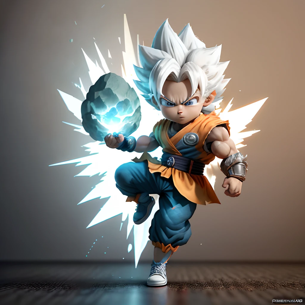 Goku, super saiyan, exquisite hair, arm depiction, white and blue hair body, exquisite shoes, eye depiction, exquisite hair, popmart blind box, clay texture, stepping on the land, black and white background, natural lighting, most good quality, super detail, 3D art, c4d, OC renderer, 3D rendering, 8k