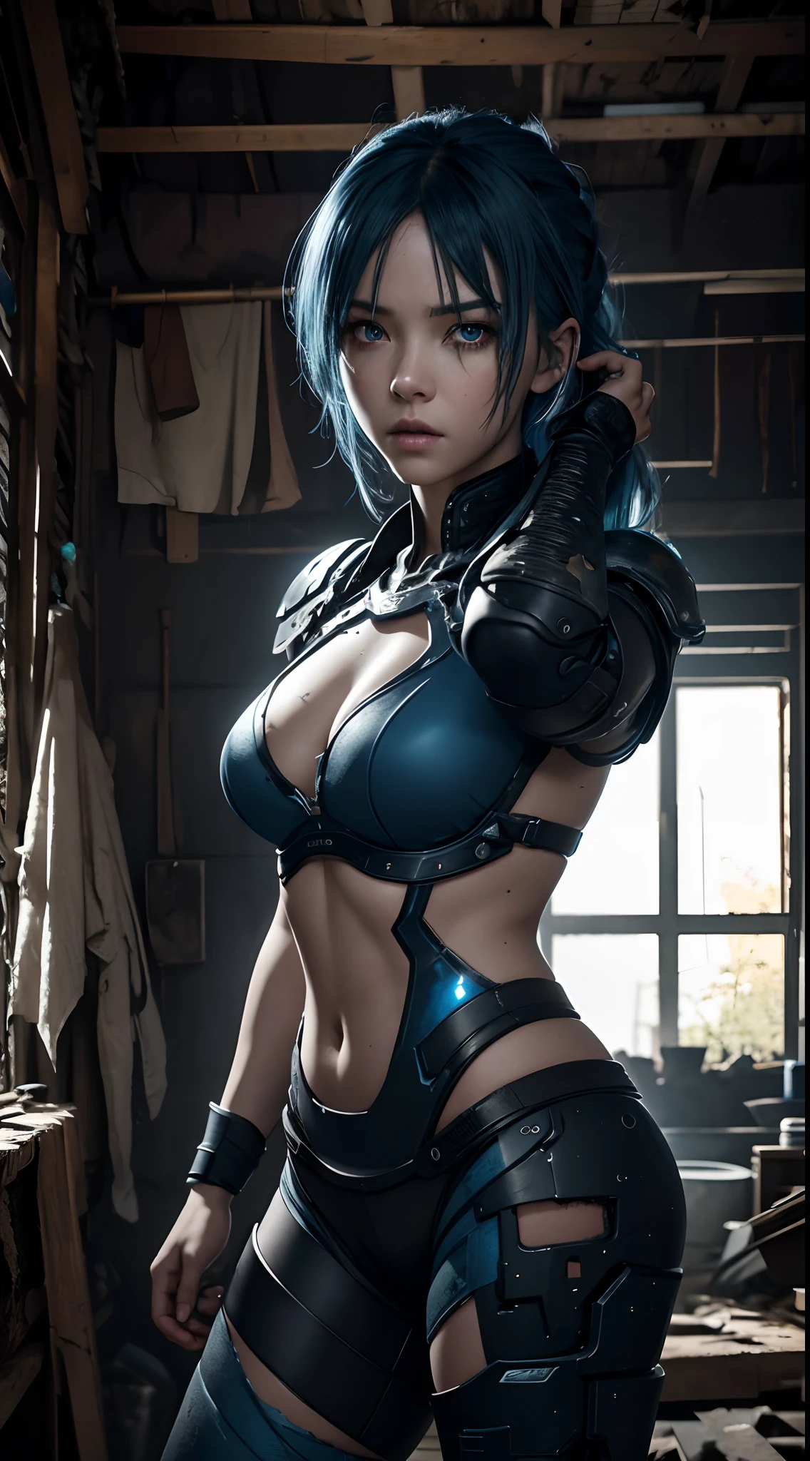 Uniform rendering of dark and gloomy full body 8K, Female adolescent cyborg, Blue hair, Wearing tattered armor, In a cluttered shack , action shot, tattered torn shirt, Cracking of porcelain skin, skin pore, detailed intricate iris, very dark lighting, heavyshading, Detailed, Detailed face, (vibrant, photograph realistic, Realistic, Dramatic, Dark, Sharp focus, 8K)
