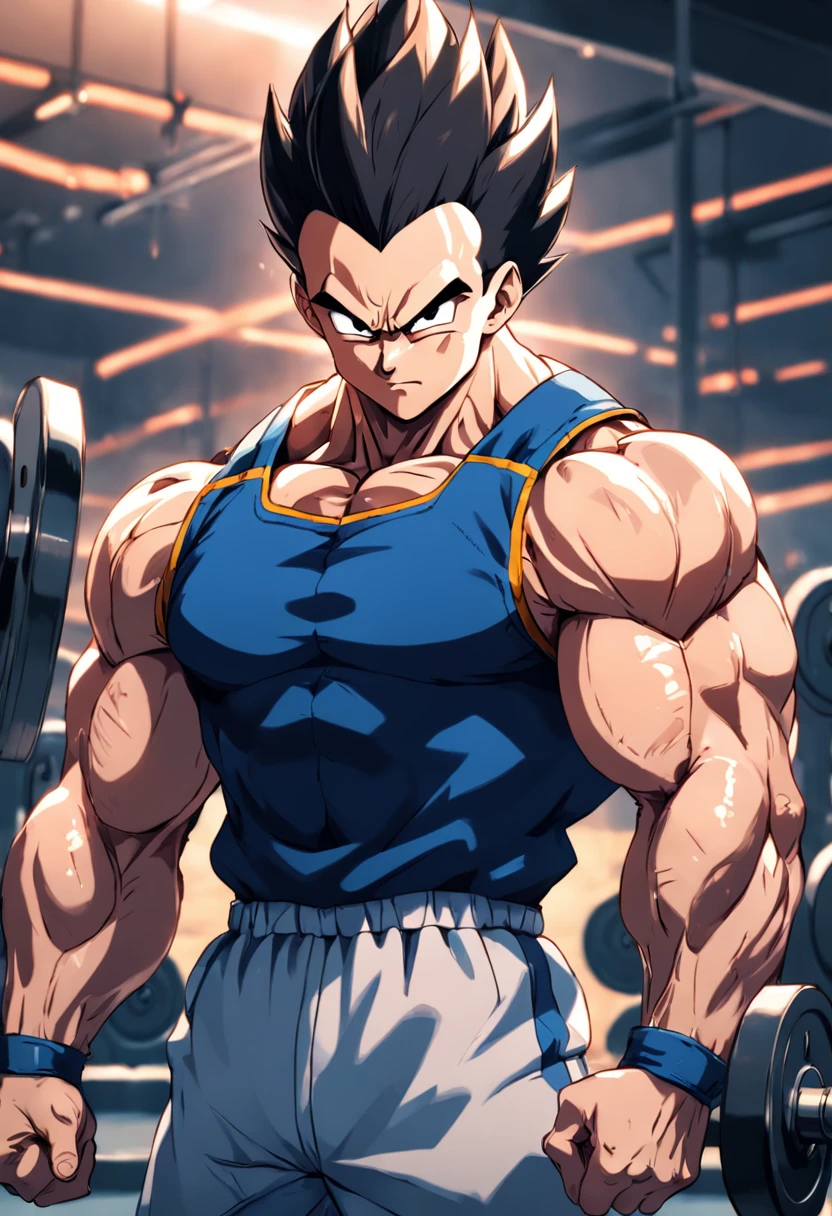 A detailed drawing of Vegeta training biceps intensely in a bodybuilding gym.