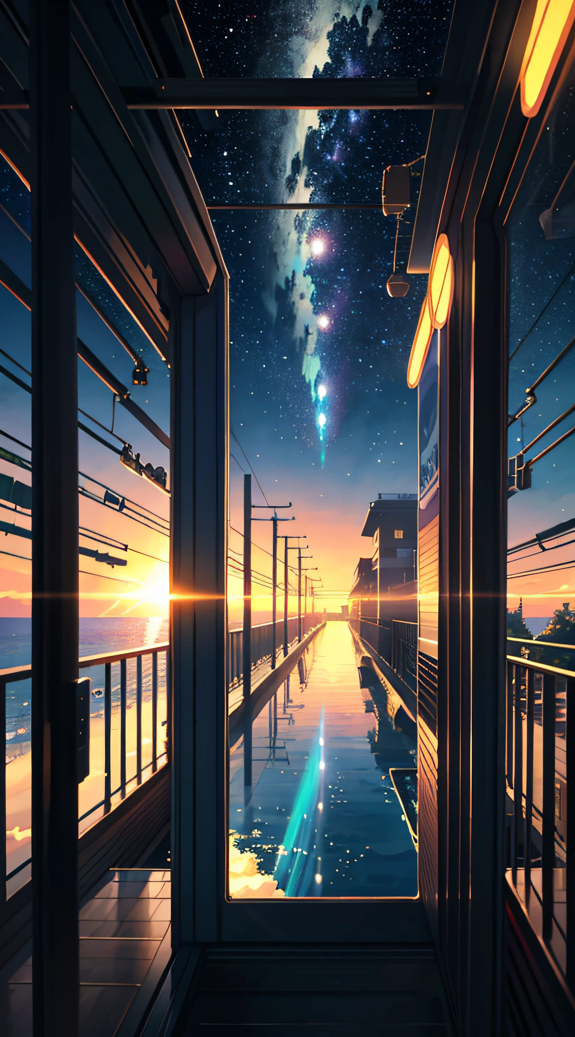 High quality masterpiece ,scenecy,Anime train passing through bodies of water on tracks, Brilliant night sky。Romantic train,pixiv,concept-art,Lofi art style,Reflectors。 by makoto shinkai, lofi art, beautiful anime scenes, Anime landscapes, Detailed scenery —width 672, in style of makoto shinkai, style of makoto shinkai,Detail enhancement。