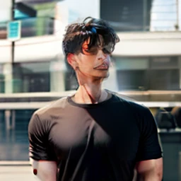 black shirt with a handsome face and black hair