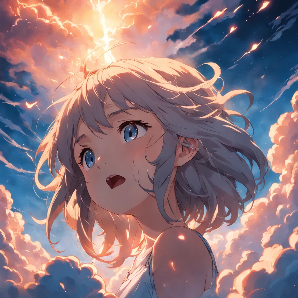 masterpiece, best quality, movie still, 1girl, cloud girl, floating in the sky, close-up, bright, happy, warm soft lighting, sunset, (sparks:0.7)