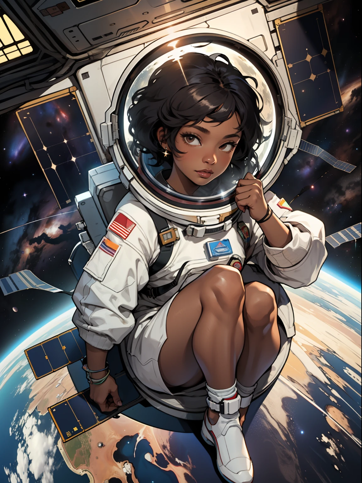30 years old black woman, adult, grown woman chocolate-colored skin, astronaut, outside of international space station, space walk, female, fully naked, natural light, black skin, black woman, African woman, 1 woman, sitting, floating in space, impressive view of the universe, solar system