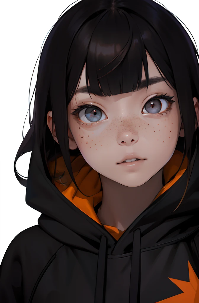 （absurderes，A high resolution，ultra - detailed），1girll，Youth，brunette color hair，long whitr hair，Flat bangs，Black eyes，petty eyes，hoody，Fine eyes and detailed face，freckle，Not smart，Chinese style，Ugly，shadowy，