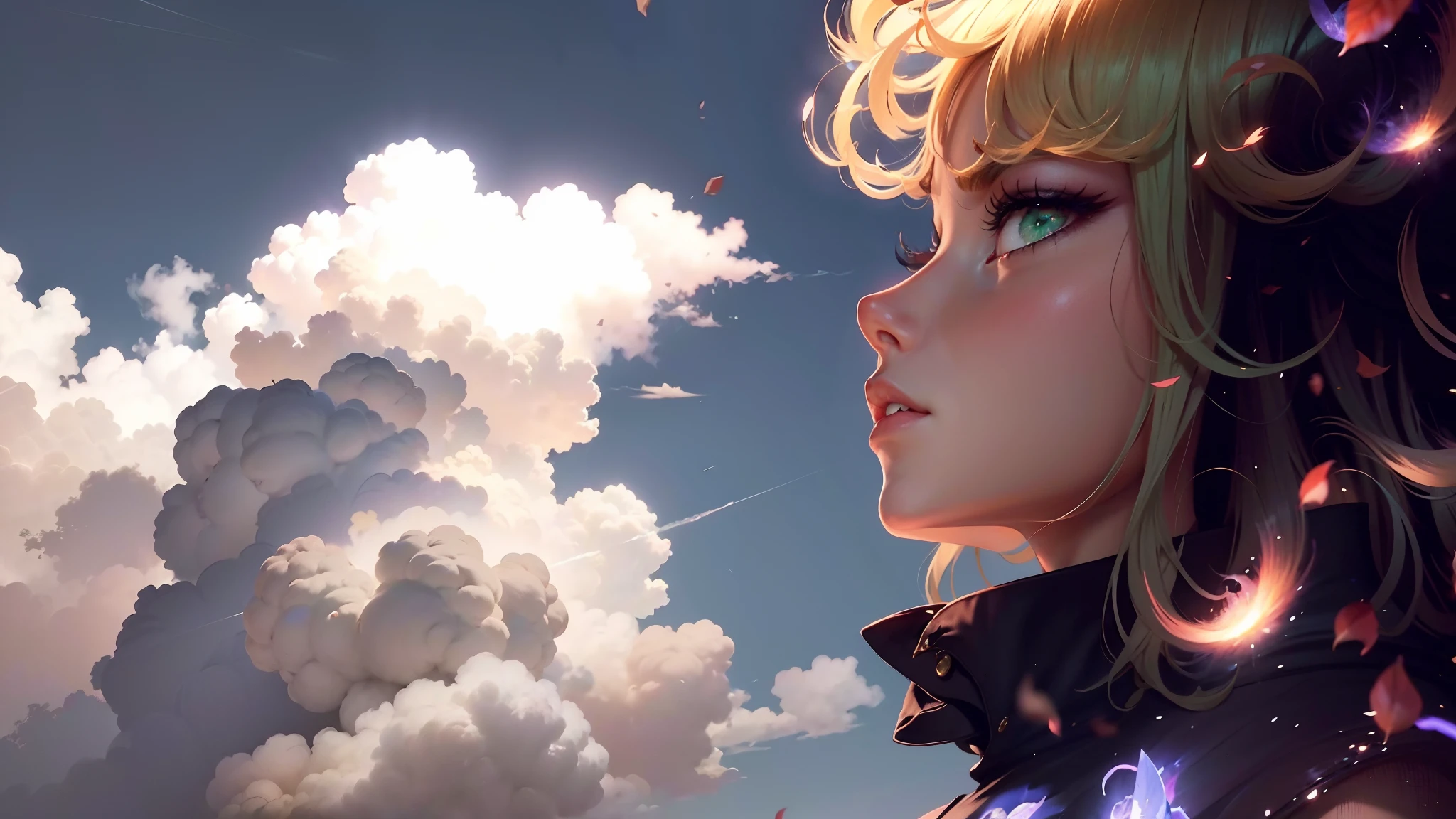 Tatsumaki (Um homem de soco) com cabelo verde, green eyes and black jacket looking up at the sky, Art not Guweiz style, Arte Digital Anime detalhada, Anime Art Wallpaper 4K, Anime Art Wallpaper 4K, Anime Art Wallpaper 8K, stunning digital illustration, nuvens de anime, Arte Digital Anime, Digital anime illustration, Beautiful digital illustration, alto detalhamento. Pintura digital, 4k anime wallpapers