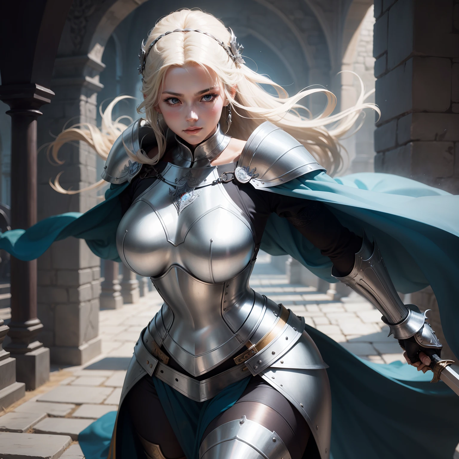 Medieval female knight,The curves of the body stand out,Hold a sword shining with cold light,Emphasis on the thoracic groove。