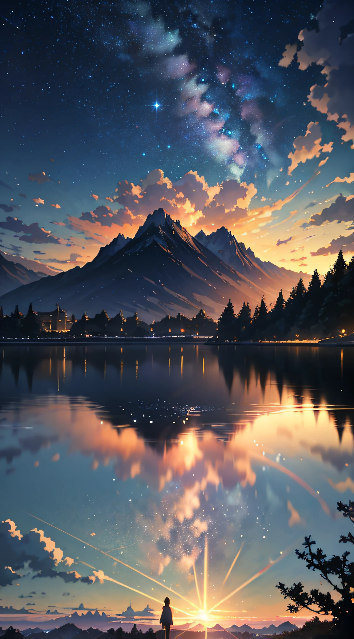 High quality masterpiece ，scenecy，Anime train passing through bodies of water on tracks， Brilliant night sky。Romantic train，pixiv，concept-art，Lofi art style，Reflectors。 by makoto shinkai, lofi art, beautiful anime scenes, Anime landscapes, Detailed scenery —width 672, in style of makoto shinkai, style of makoto shinkai，Detail enhancement。