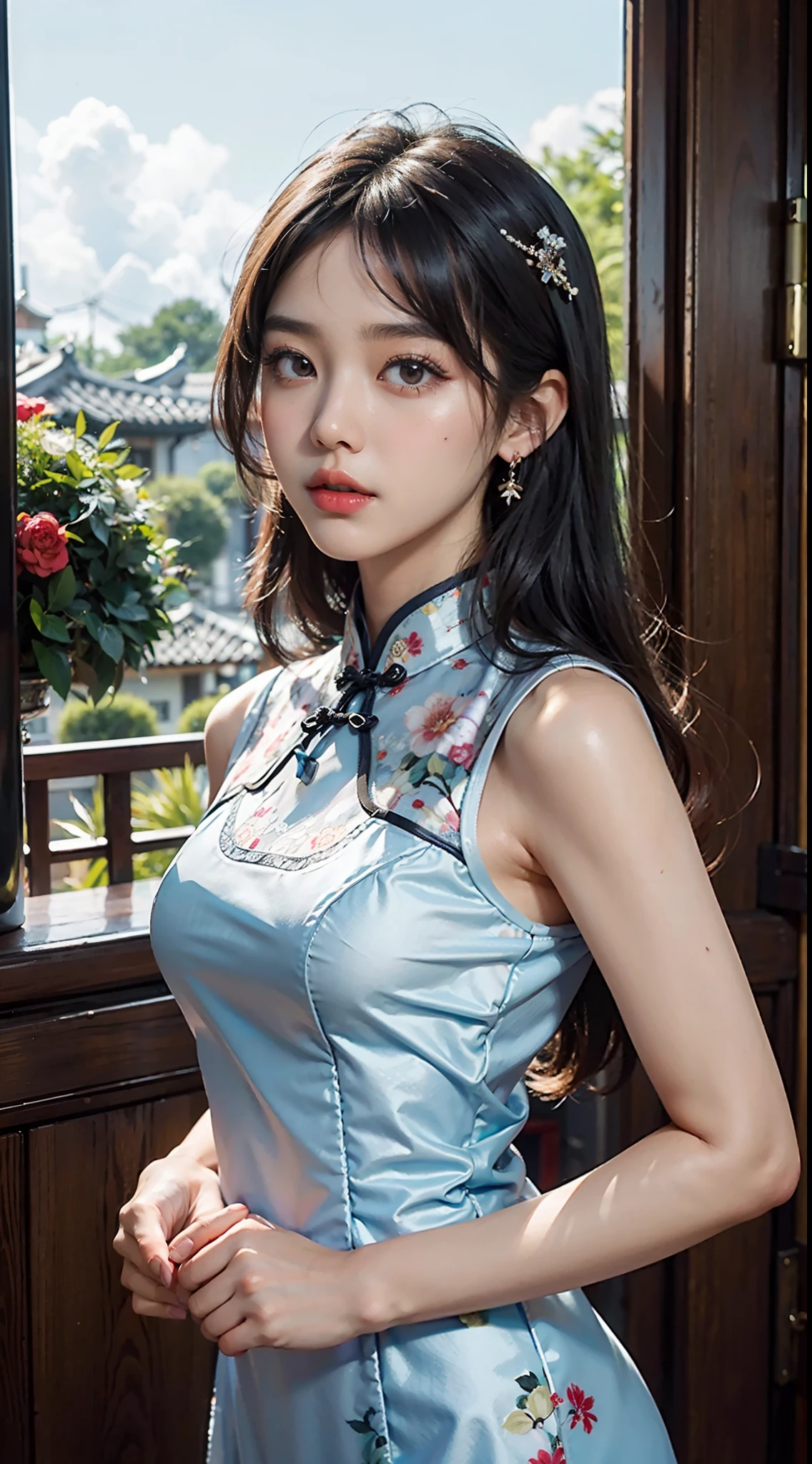 ((Masterpiece)), ((High detail)), photography of，real photograph，1 Cheongsam Girl, wearing  cheongsam，silky cheongsam，silky cheongsam，((Ultra-detailed)),((Delicate face)), Beautiful detailed eyes, (high light,Gradient hair),Long hair, Floating hair, ,haar...