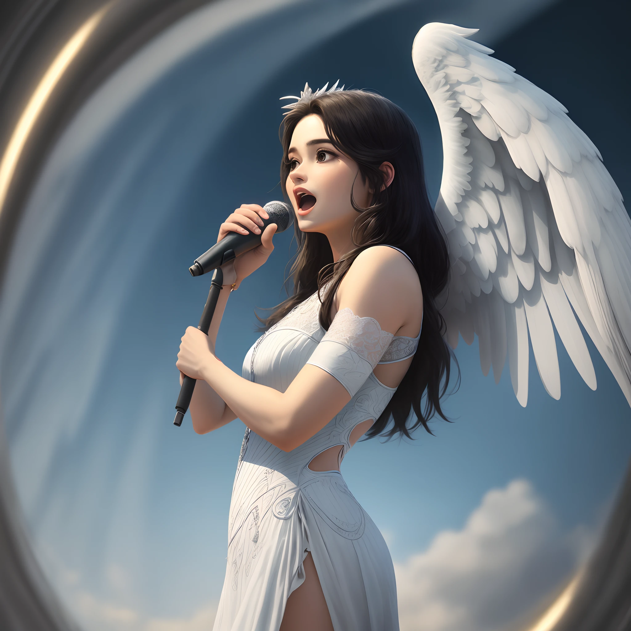 crie asas extremamente imponentes e belas saindo das costas do homem, asas de arcanjo, anjo celestial, asas divinas, criar asas extremamente delicadas e angelicais, anjos alados, Angel with microphone singing beautiful songs, randes asas angelicais, Open Blue Angelic Wings (Obra-prima 1.3, Detalhes intensos), fundo divino da fantasia (Obra-prima 1.5, Detalhes intensos), do not alter the man's face, face without changes.