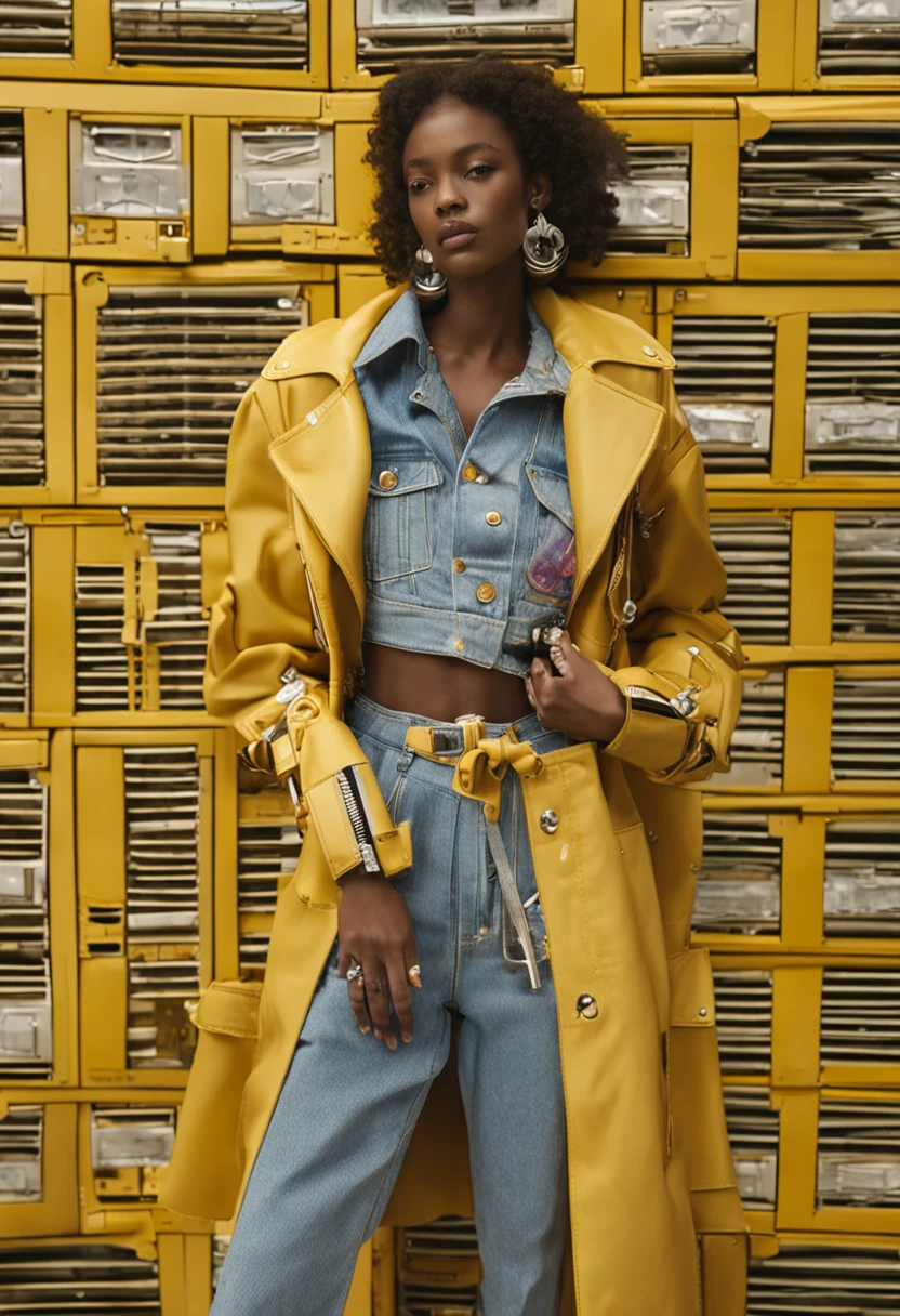 mulher 18 anos usando casaco amarelo, jaqueta de rapper, arte digital por Andrei Kolkoutine, trend in cg society, Arte Digital, Editorial Prada Oficial, Steven Klein, fotografia editorial, fotografia editorial, imagem editorial, Wes Anderson e Gucci, Moody : : Anderson Wes, fotografia de alta moda, Vogue Italy, lente amarela futurista, Editorial de Moda, Gucci, ((poster)), Vogue Italy, futuristic retro, Editorial de Moda, shot on Hasselblad H4D 200MS Digital Camera, (((ultra realistic))), (((super detalhado))), foto natural, filmed on a professional camera, Safra dos EUA, HDR, 8k, cachos, cacheado, cabelo cacheado, cabelos cacheados, cabelo crespo, cabelo longos.