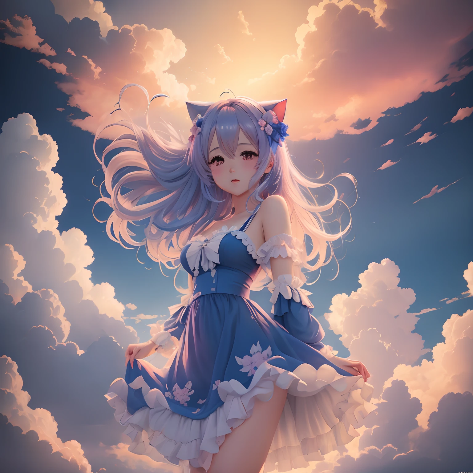 Anime girl in a blue dress standing in front of an overcast sky, estilo anime 4K, nuvens de anime, 4k anime wallpapers, Anime Wallpaper 4k, Anime Art Wallpaper 8K, Anime Art Wallpaper 4K, Anime Art Wallpaper 4K, Papel de parede anime 4k, 4 k manga wallpaper, nuvens da ******, nuvens de anime rosa fofas, anime wallpaper, anime sky , garota com orelhas de gato, catgirl