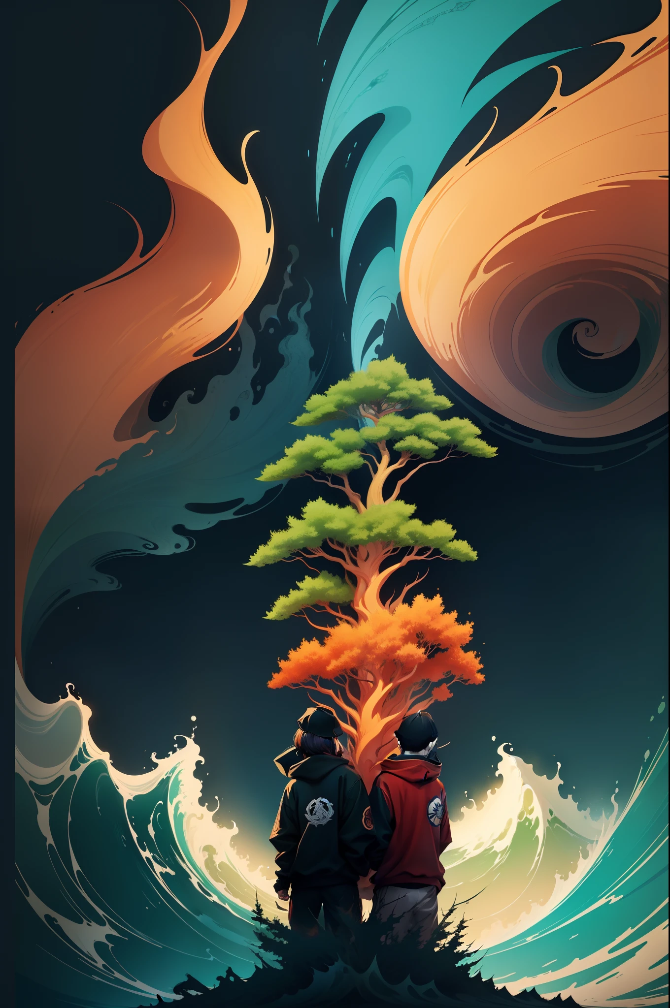 illustration twin cannabis trees colorful, fireburn, smoke and ocean wave, japan style artwork, detailed design for streetwear and urban style t-shirts design, hoodies, etc Pro Vector, high quality, digital art, bold line, hard line, circle logo.