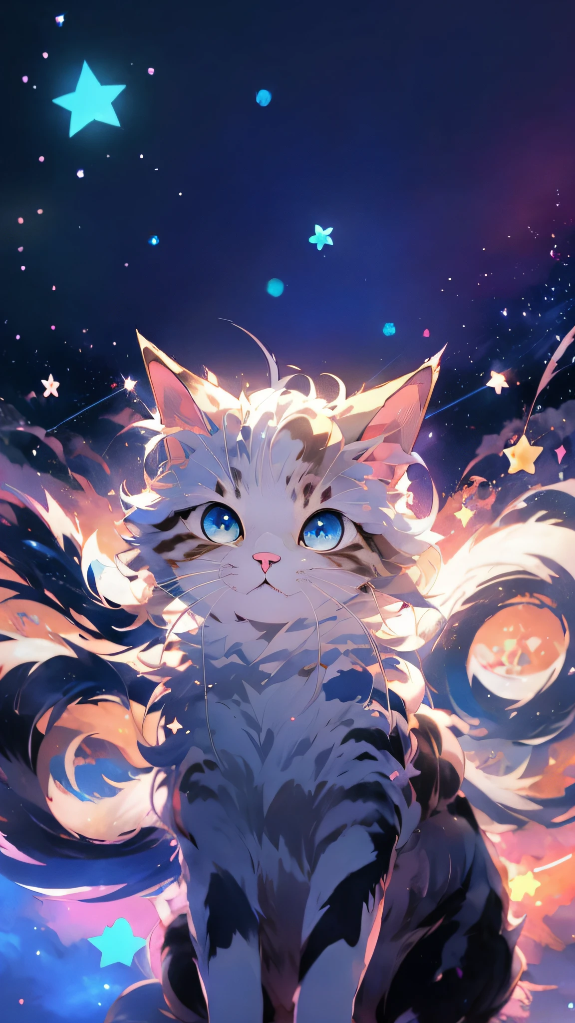 Anime cat with blue eyes and stars in background, anime cat, Anime art wallpaper 4 K, Anime art wallpaper 4k, realistic anime cat, Anime art wallpaper 8 K, anime visual of a cute cat, very very beautiful furry art, beautiful anime catgirl, Very beautiful anime cat girl, Cute detailed digital art, Anime wallpaper 4K, Anime wallpaper 4 k