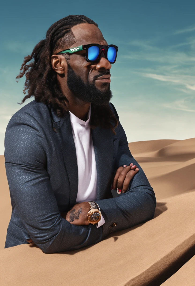 Lebron James, de terno e gravata indo fazer uma entrevista de emprego e usando oculos escuro