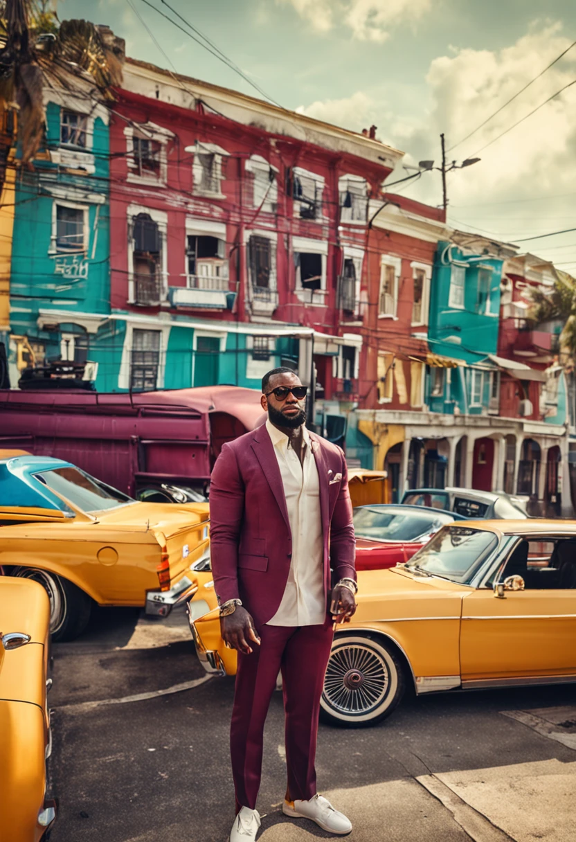 Lebron James, de terno e gravata indo fazer uma entrevista de emprego e usando oculos escuro