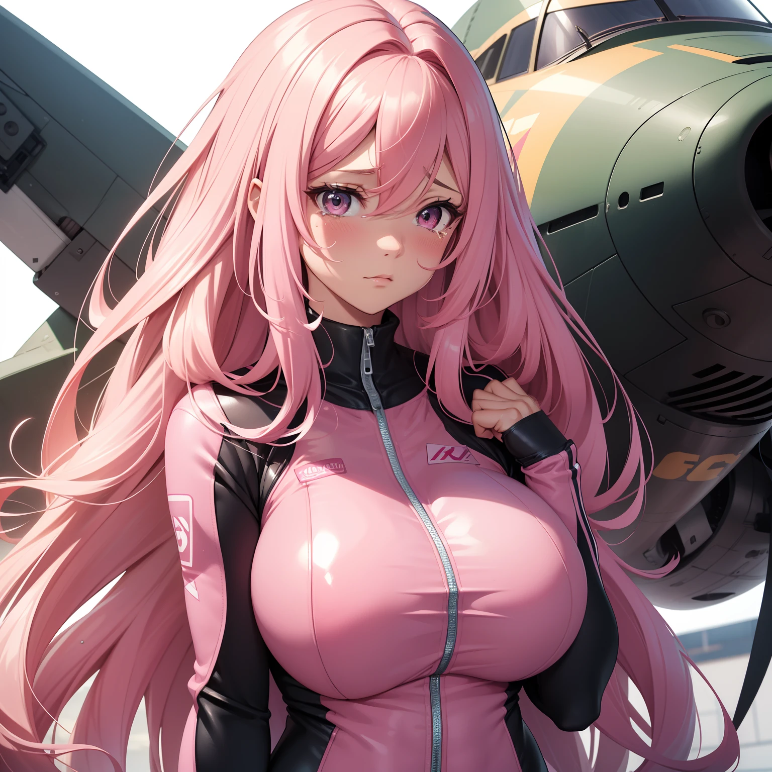 Close up of a woman with long pink hair, very long hair, puffy hair, her boobs are huge, big breasts, giant breasts, wearing a tight suit, pilot suit, school swimsuit, scared expression, blushing, tears, empty background, no background