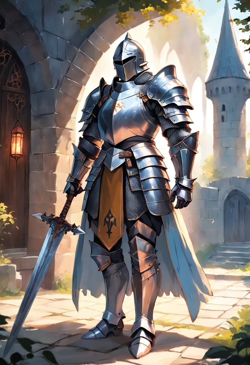 A knight in armor stands in front of the castle, Male paladin, knight wearing plate armor, fantasy paladin man, full portrait of magical knight, fantasy knight, armored knight, arsen lupin as a paladin, Knight in armor, A human male paladin, paladin armor, picture of a male cleric, Male swordsman, portrait of knight,The sword,long sword,Knight's sword,Carrying a long sword on his back