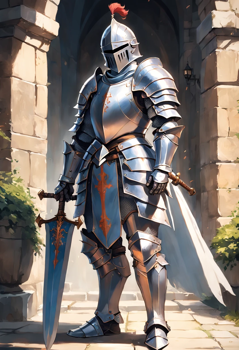 A knight in armor stands in front of the castle, Male paladin, knight wearing plate armor, fantasy paladin man, full portrait of magical knight, fantasy knight, armored knight, arsen lupin as a paladin, Knight in armor, A human male paladin, paladin armor, picture of a male cleric, Male swordsman, portrait of knight，The sword，long sword，Knight's sword，Carrying a long sword on his back