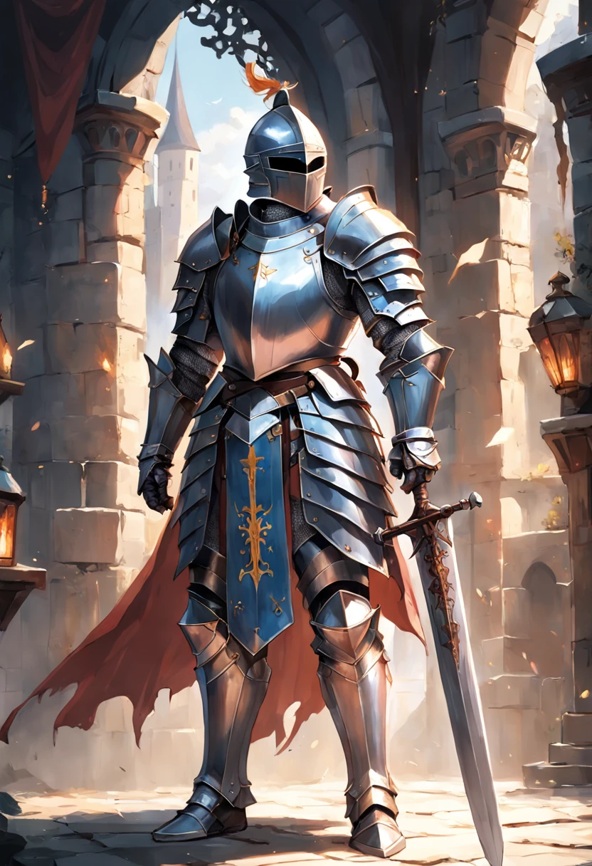 A knight in armor stands in front of the castle, Male paladin, knight wearing plate armor, fantasy paladin man, full portrait of magical knight, fantasy knight, armored knight, arsen lupin as a paladin, Knight in armor, A human male paladin, paladin armor, picture of a male cleric, Male swordsman, portrait of knight,The sword,long sword,Knight's sword,Carrying a long sword on his back
