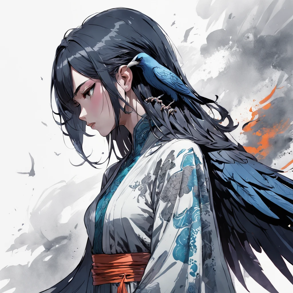 Ink drawing of a raven, side profile, moden ao Dai, full body, Peter Draws, digital illustration, comic style, black and white contrast, perfect anatomy, centered, dynamic, detailed, watercolor painting, artstation, concept art, smooth, sharp focus, illustration, art by Carne Griffiths and Wadim Kashin,