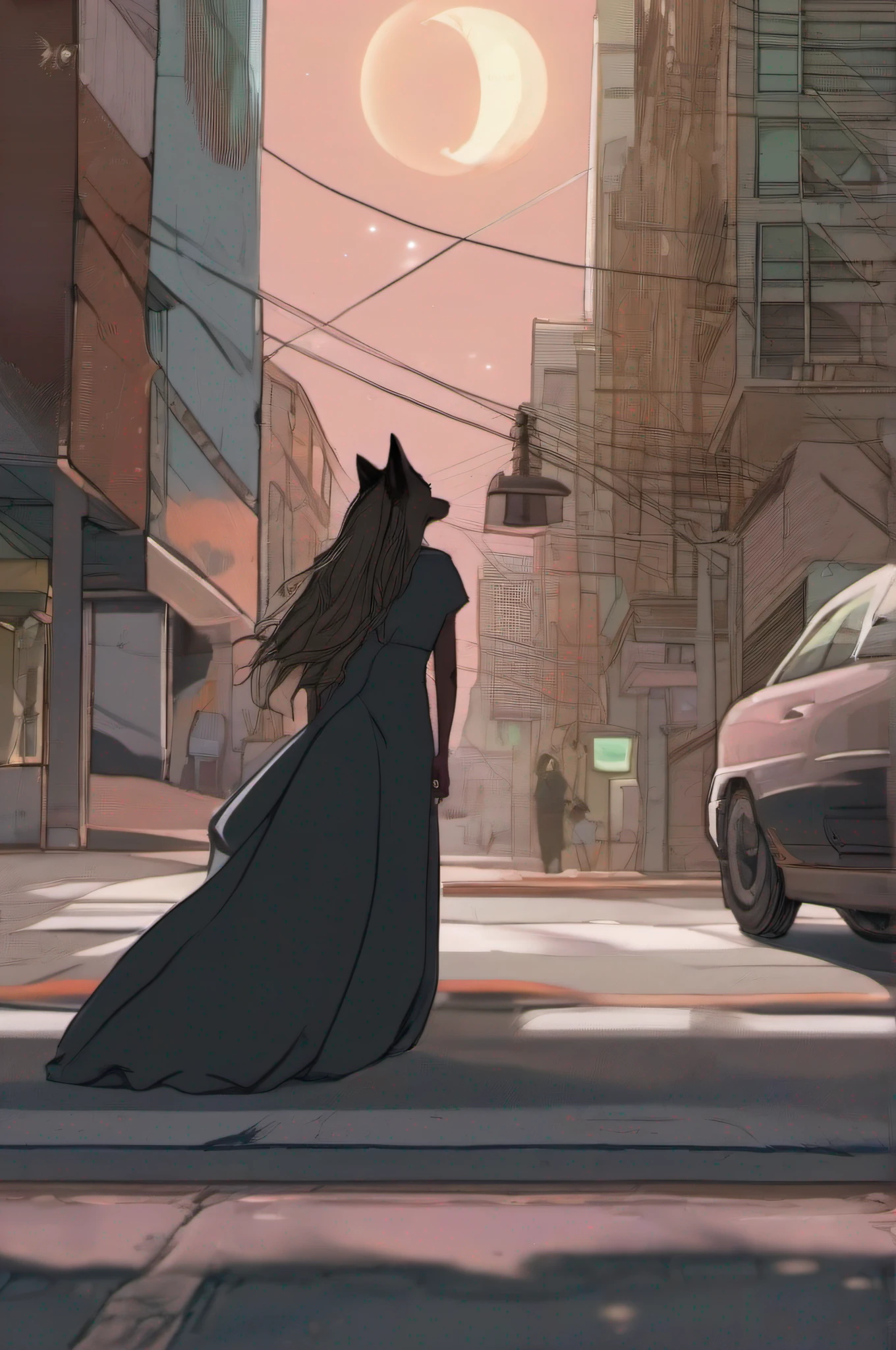 A girl is undergoing metamorphosis into a humanoid wolf in the middle of the city. She's standing on the sidewalk, with your back to the camera. She's wearing a long black dress and her hair is loose. Your skin is starting to change color, and her teeth are starting to grow. Her eyes are closed and she's making an expression of pain. The moon is full in the sky, and the stars are shining. The street is empty, And the only thing you hear is the sound of the wolf's howls.