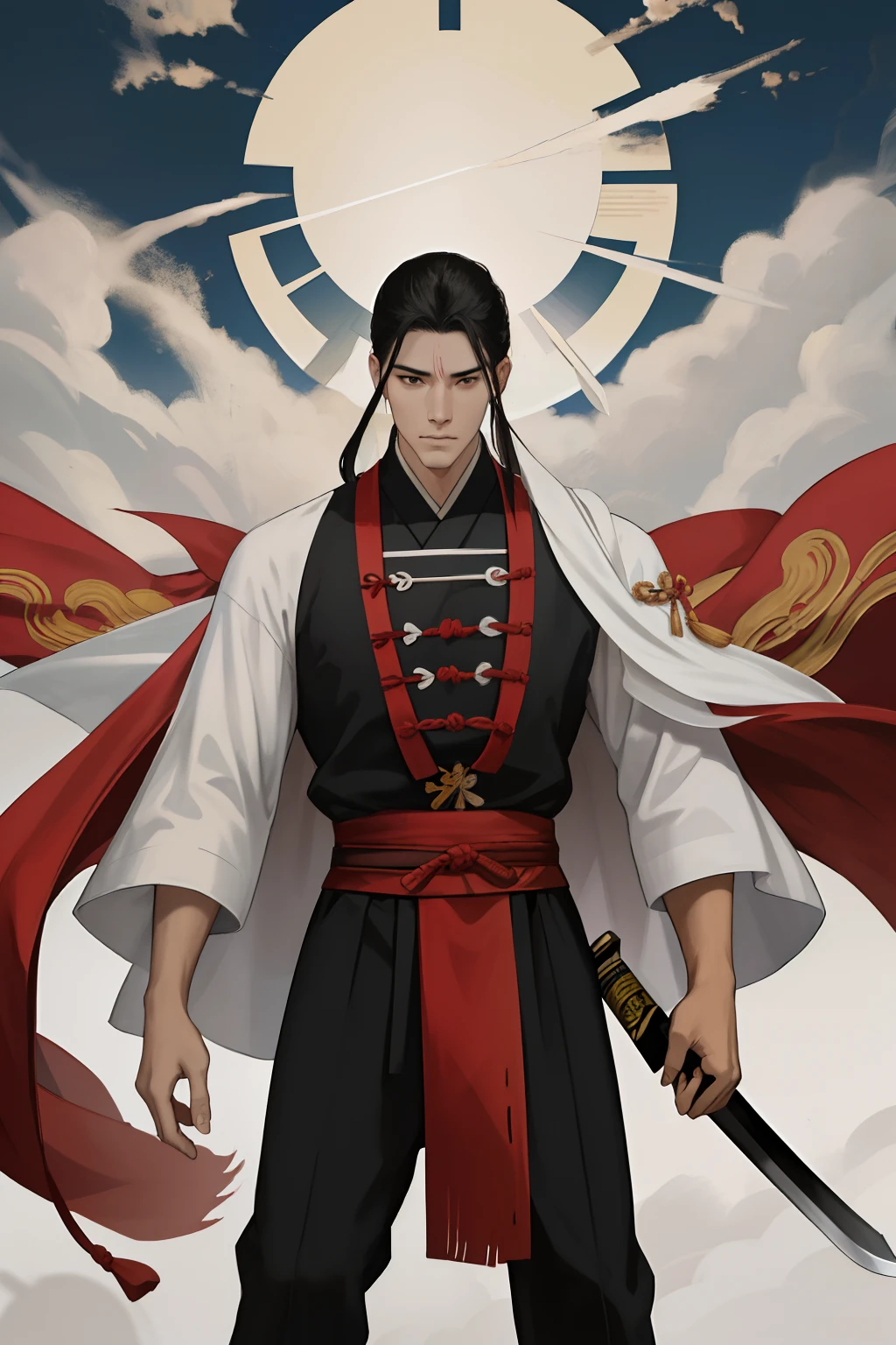 NSFW, obra-prima, melhor qualidade, ultra-detalhado, semi-realista, detailedfacialfeatures, 1man,usando roupa ancestral wuxia,cabelos negros compridos,olhos negros frios,homem galante,protagonista wuxia original,destemido,usando roupas de cor vermelha e preta, standing in an imposing position holding in his right hand a sharp-bladed sword.