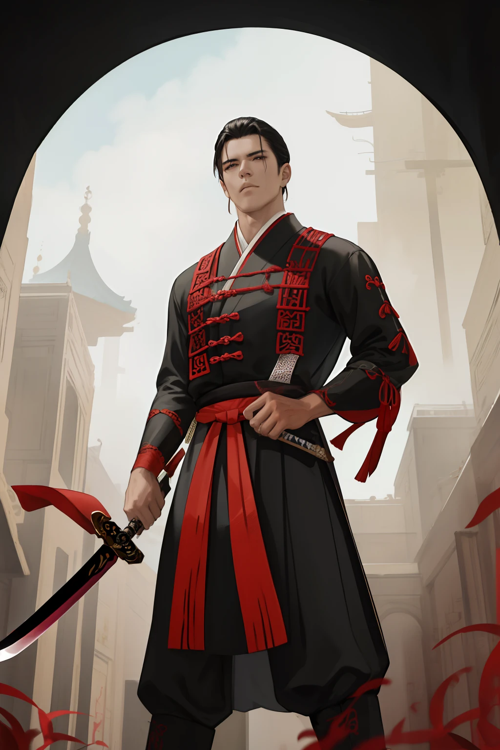 NSFW, obra-prima, melhor qualidade, ultra-detalhado, semi-realista, detailedfacialfeatures, 1man,usando roupa ancestral wuxia,cabelos negros compridos,olhos negros frios,homem galante,protagonista wuxia original,destemido,usando roupas de cor vermelha e preta, standing in an imposing position holding in his right hand a sharp-bladed sword.