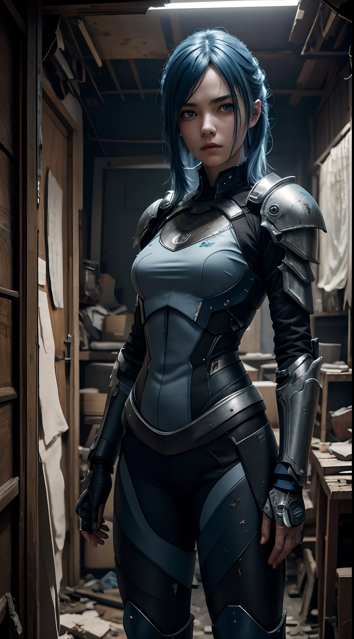 Uniform rendering of dark and gloomy full body 8K, Female adolescent cyborg, Blue hair, Wearing tattered armor, In a cluttered shack , action shot, tattered torn shirt, Cracking of porcelain skin, skin pore, detailed intricate iris, very dark lighting, heavyshading, Detailed, Detailed face, (vibrant, photograph realistic, Realistic, Dramatic, Dark, Sharp focus, 8K)