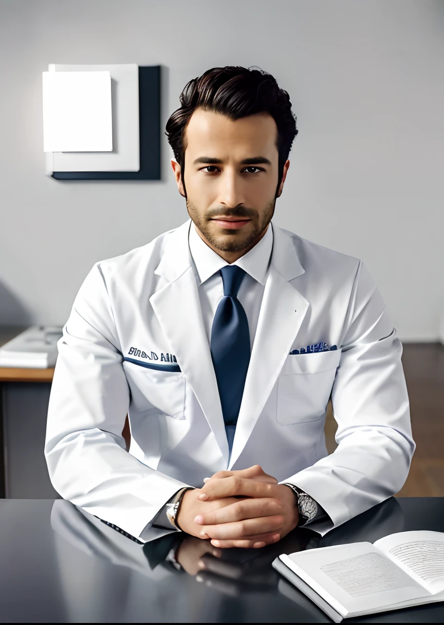 arafed man in white suit and tie sitting at a table, photo of a man, sitting at desk, wearing a doctor suit, corporate photo, handsome man, professional portrait hd, wearing doctors white suit, sitting at a desk, a photo of a man, handsome and attractive, professional profile photo, attractive man, sitting behind desk