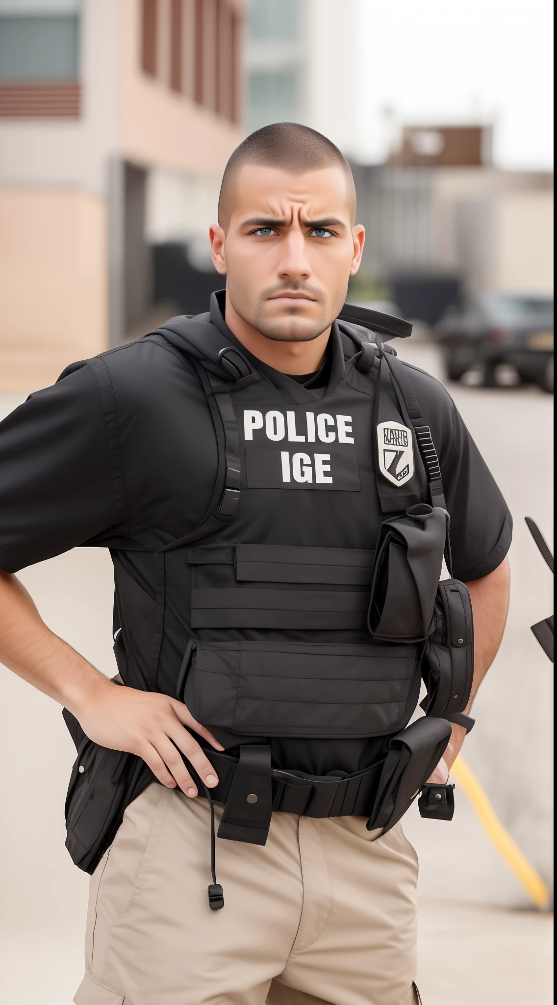 a man with black eye color, facing and looking at the camera. serious face