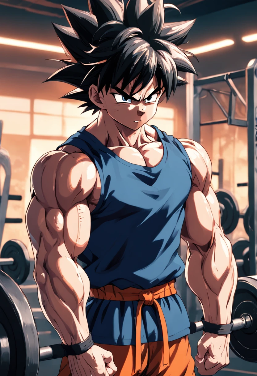 A detailed drawing of Son Goku biceps training intensely in a bodybuilding gym.