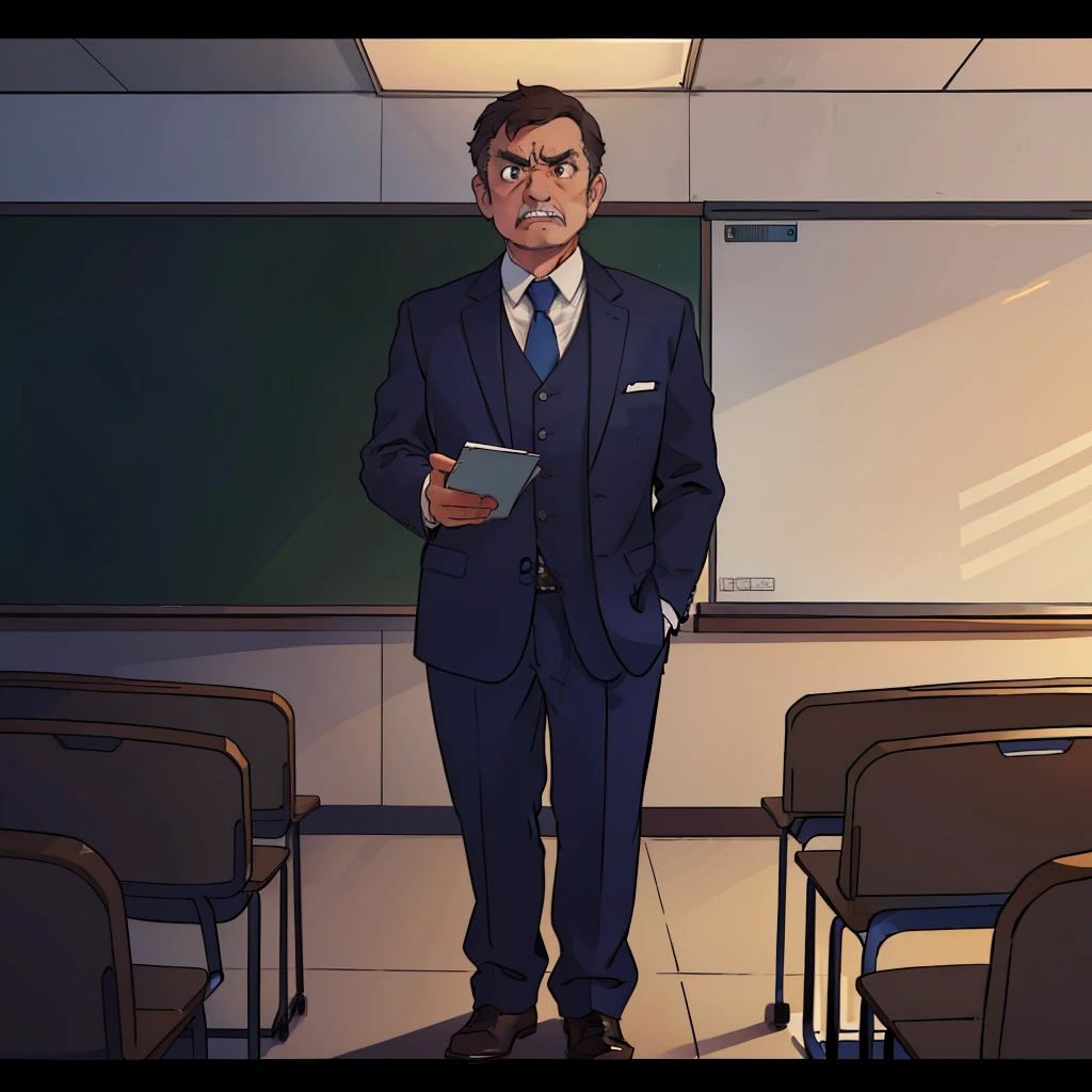 A middle-aged man,dressed in a suit,Stand on the podium of the classroom,impatient look,Angry expressions