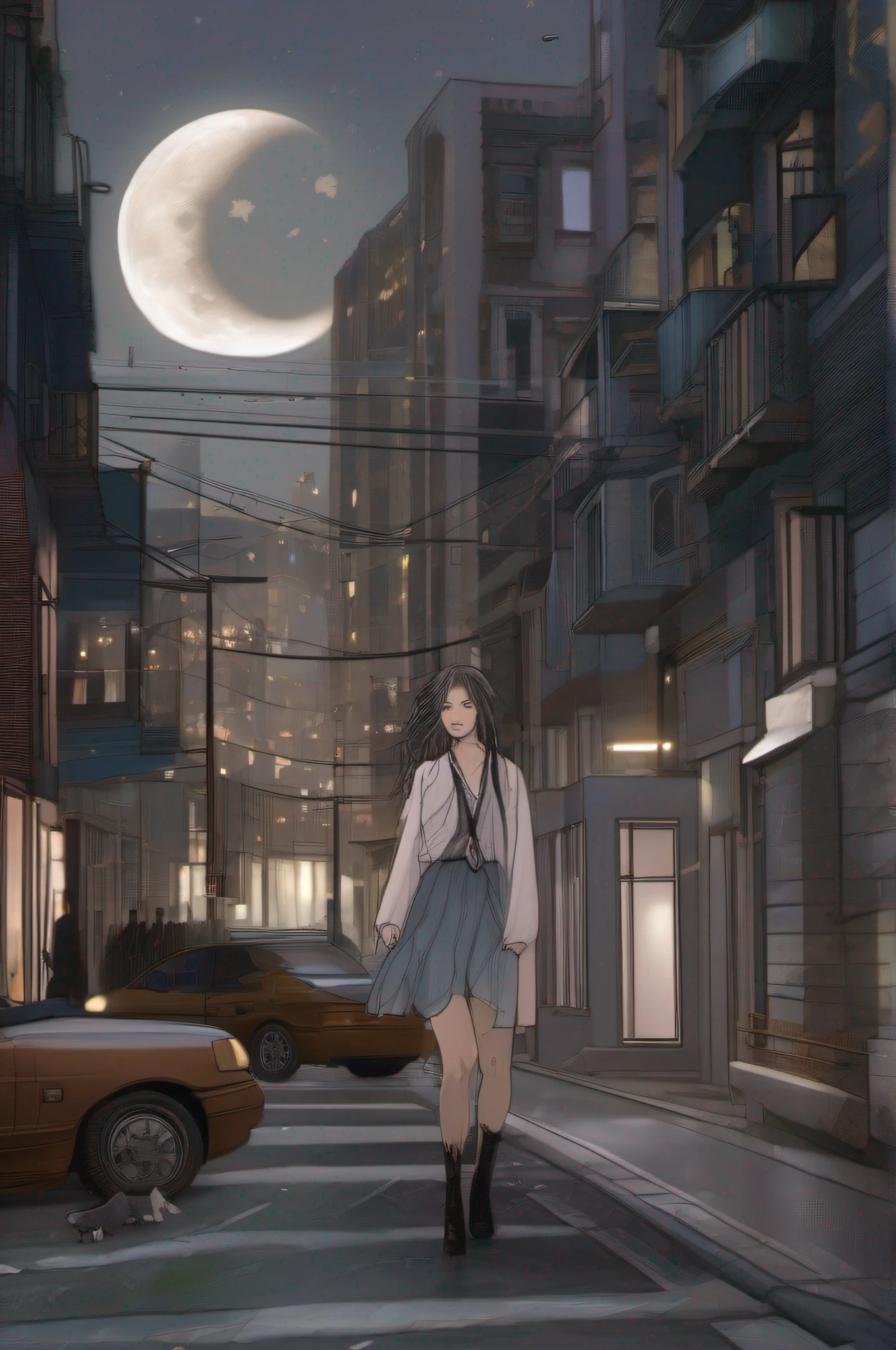 A girl is undergoing metamorphosis into a humanoid wolf in the middle of the city. She's standing on the sidewalk, with your back to the camera. She's wearing a long black dress and her hair is loose. Your skin is starting to change color, and her teeth are starting to grow. Her eyes are closed and she's making an expression of pain. The moon is full in the sky, and the stars are shining. The street is empty, And the only thing you hear is the sound of the wolf's howls.