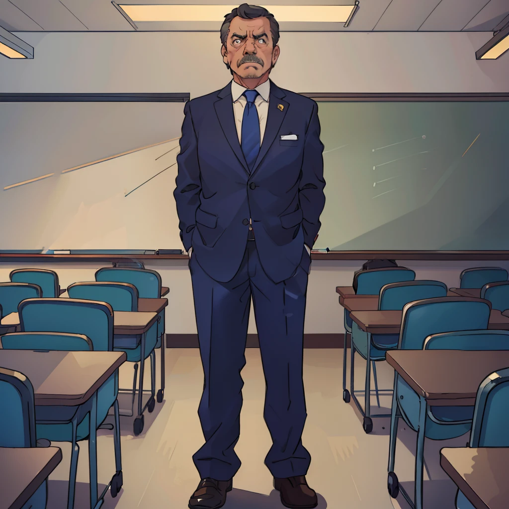 A middle-aged man,dressed in a suit,Stand on the podium of the classroom,impatient look,Angry expressions