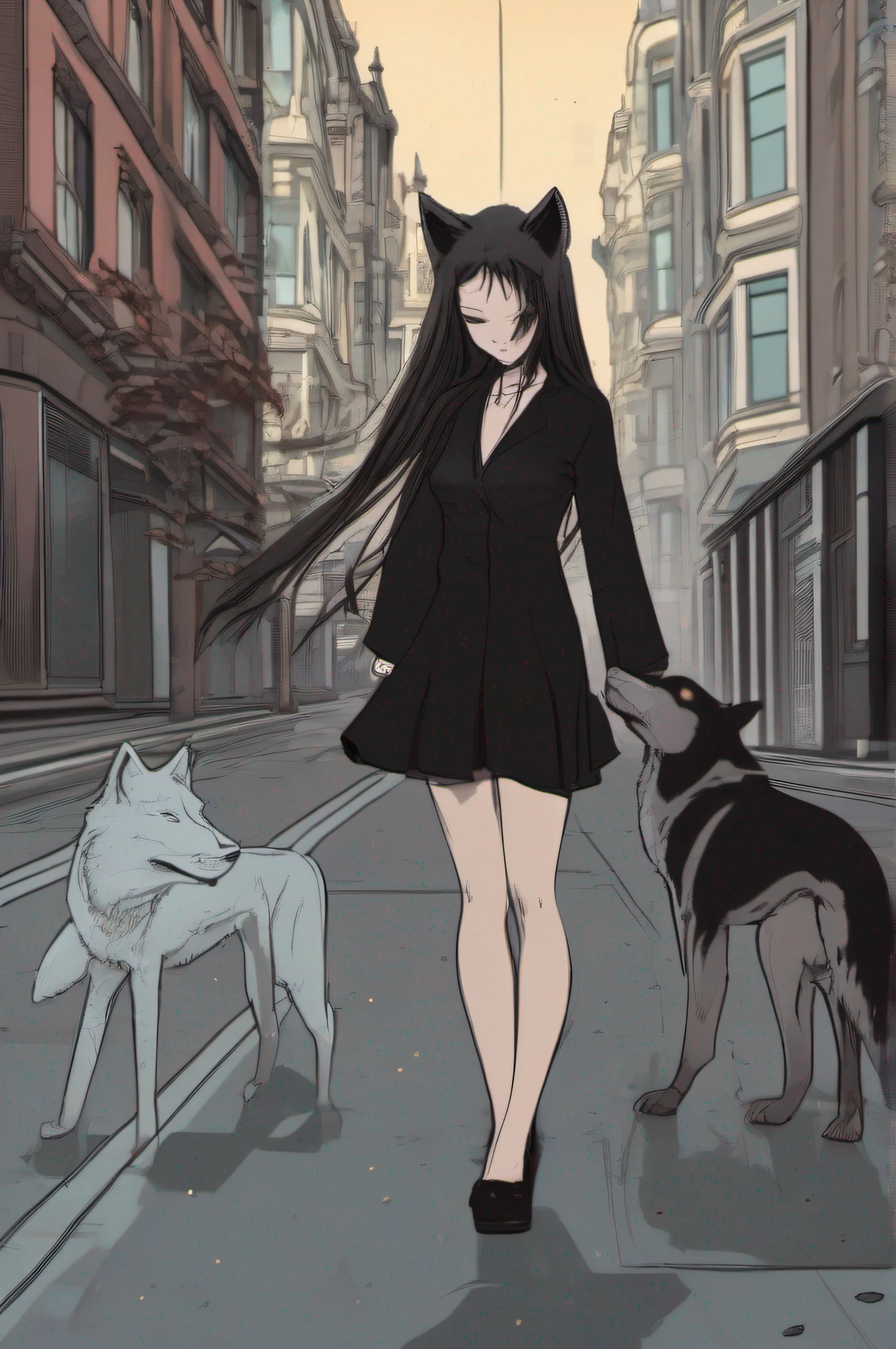 A girl is undergoing metamorphosis into a humanoid wolf in the middle of the city. She's standing on the sidewalk, with your back to the camera. She's wearing a long black dress and her hair is loose. Your skin is starting to change color, and her teeth are starting to grow. Her eyes are closed and she's making an expression of pain. The moon is full in the sky, and the stars are shining. The street is empty, And the only thing you hear is the sound of the wolf's howls.