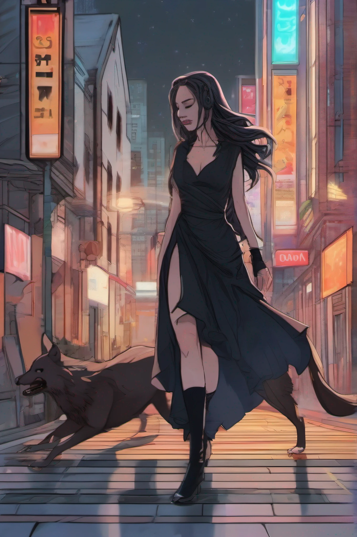 A girl is undergoing metamorphosis into a humanoid wolf in the middle of the city. She's standing on the sidewalk, with your back to the camera. She's wearing a long black dress and her hair is loose. Your skin is starting to change color, and her teeth are starting to grow. Her eyes are closed and she's making an expression of pain. The moon is full in the sky, and the stars are shining. The street is empty, And the only thing you hear is the sound of the wolf's howls.