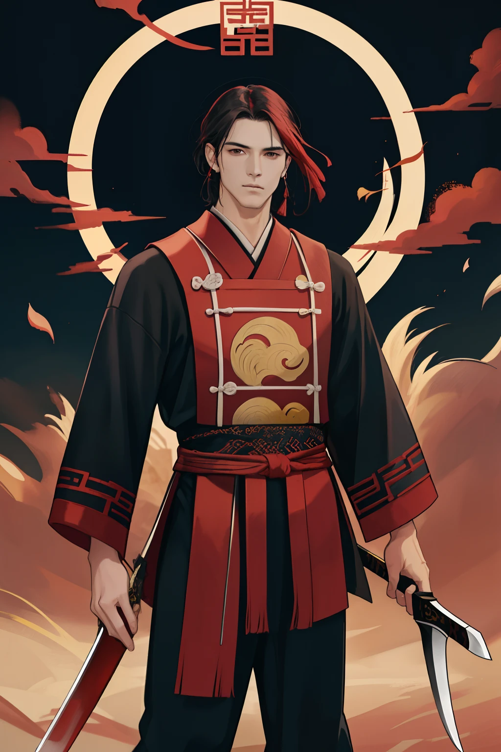 NSFW, obra-prima, melhor qualidade, ultra-detalhado, semi-realista, detailedfacialfeatures, 1man,usando roupa ancestral wuxia,cabelos negros compridos,olhos negros frios,homem galante,protagonista wuxia original,destemido,usando roupas de cor vermelha e preta, standing in an imposing position holding in his right hand a sharp-bladed sword.