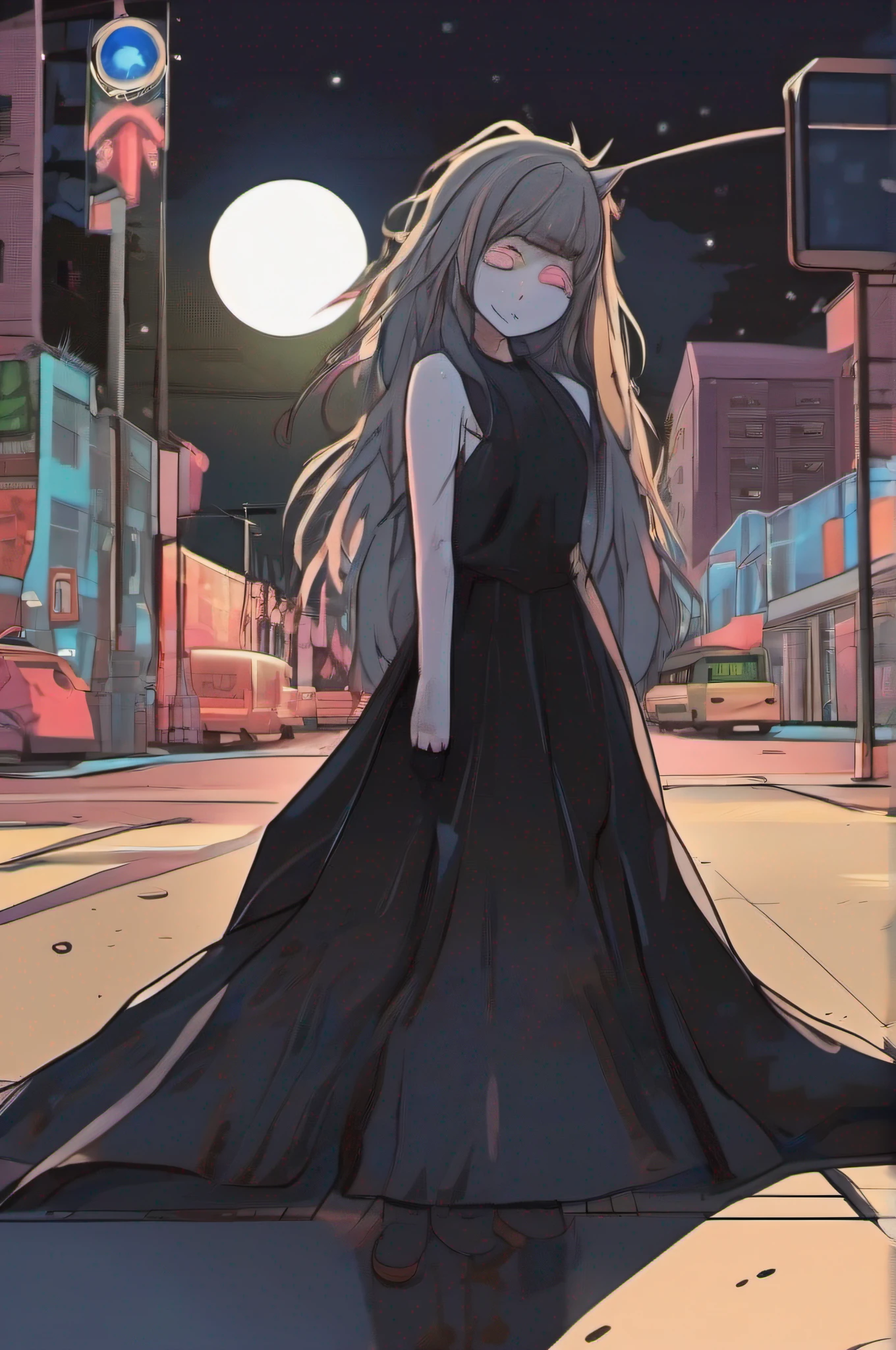 A girl is undergoing metamorphosis into a humanoid wolf in the middle of the city. She's standing on the sidewalk, with your back to the camera. She's wearing a long black dress and her hair is loose. Your skin is starting to change color, and her teeth are starting to grow. Her eyes are closed and she's making an expression of pain. The moon is full in the sky, and the stars are shining. The street is empty, And the only thing you hear is the sound of the wolf's howls.