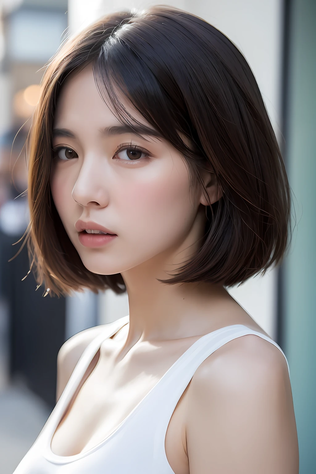 ((Best quality, 8k, Masterpiece :1.3)), Sharp focus :1.2, A pretty woman with perfect figure :1.4, Slender abs :1.2, ((Layered haircut, Big breasts :1.2)), (Tank top shirt :1.1), (Street :1.2), Highly detailed face and skin texture, Detailed eyes, Double eyelid