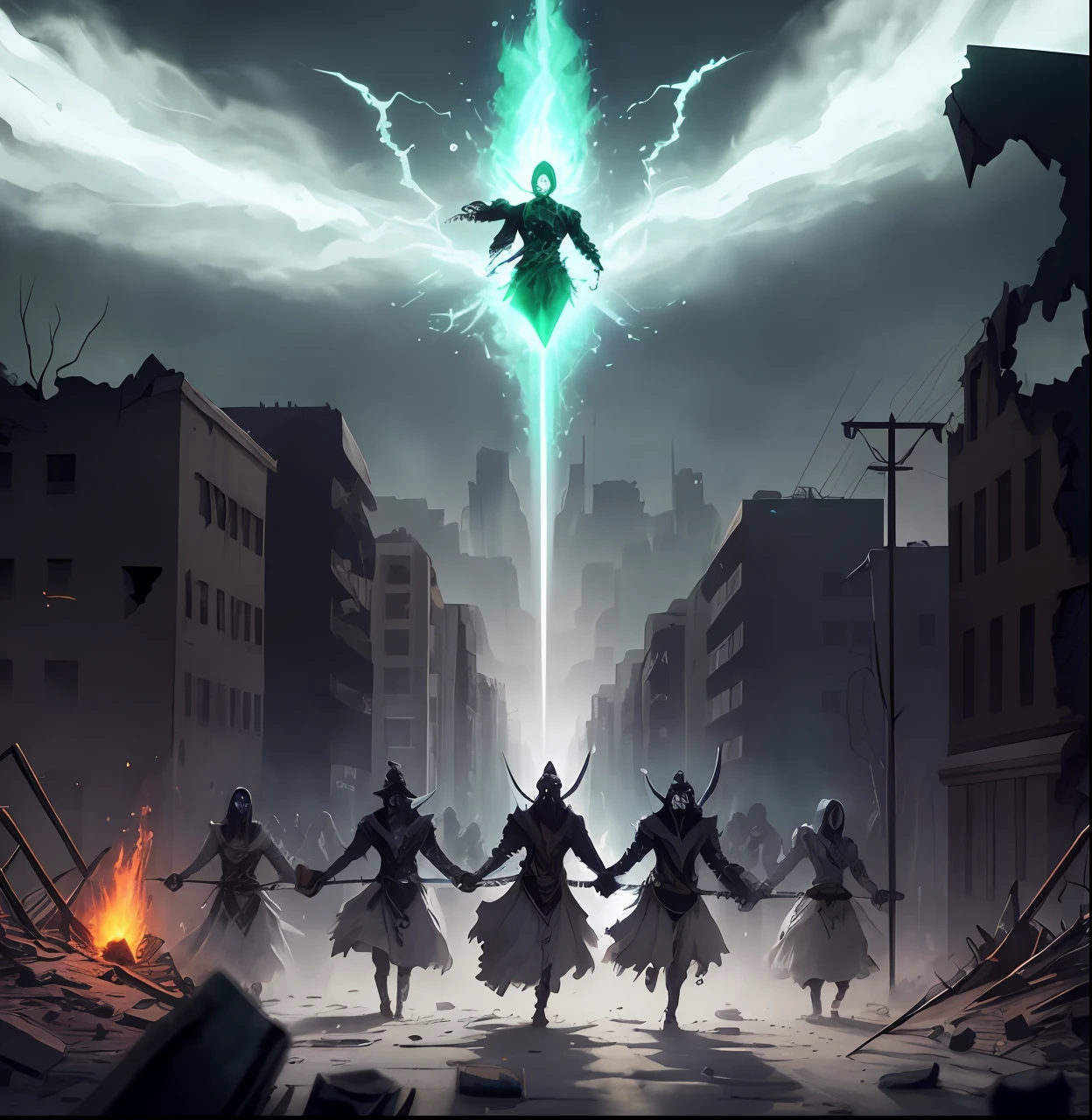 Ultra realista,4k,Several undead in a destroyed city holding swords with green auras around them sticking out of their bodies as they rush forward,