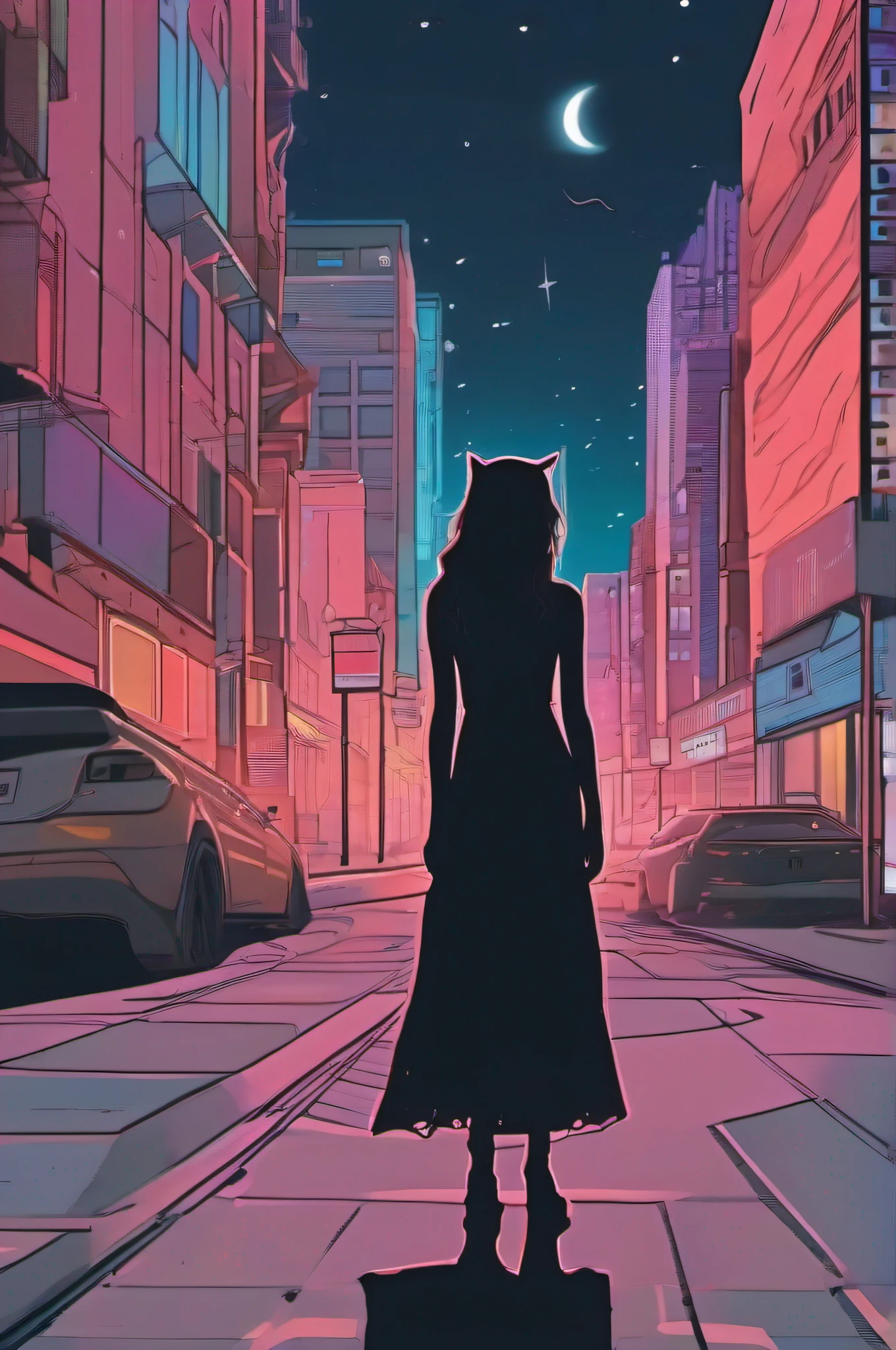A girl is undergoing metamorphosis into a humanoid wolf in the middle of the city. She's standing on the sidewalk, with your back to the camera. She's wearing a long black dress and her hair is loose. Your skin is starting to change color, and her teeth are starting to grow. Her eyes are closed and she's making an expression of pain. The moon is full in the sky, and the stars are shining. The street is empty, And the only thing you hear is the sound of the wolf's howls.
