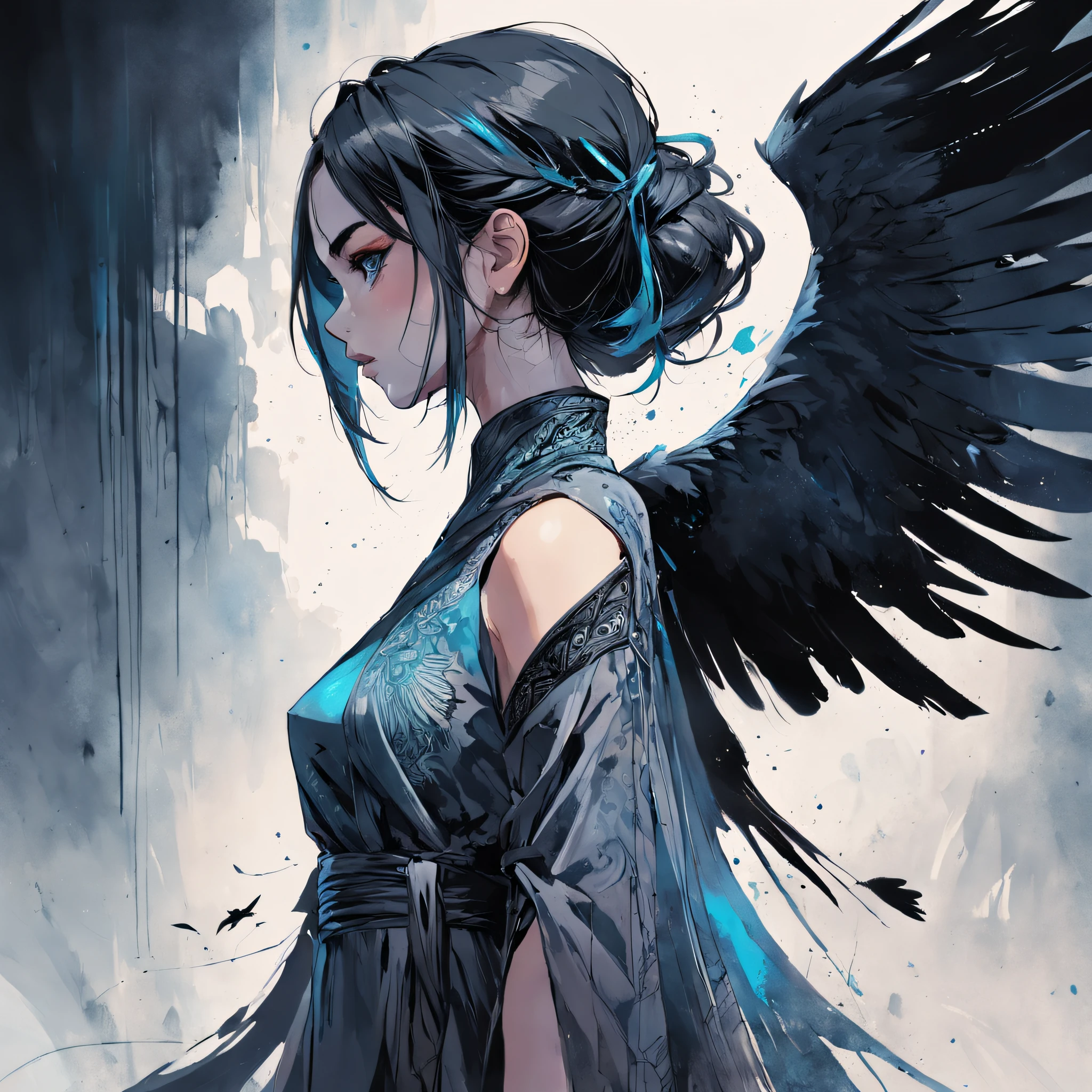 Ink drawing of a raven, side profile, moden ao Dai, full body, Peter Draws, digital illustration, comic style, black and white contrast, perfect anatomy, centered, dynamic, detailed, watercolor painting, artstation, concept art, smooth, sharp focus, illustration, art by Carne Griffiths and Wadim Kashin,