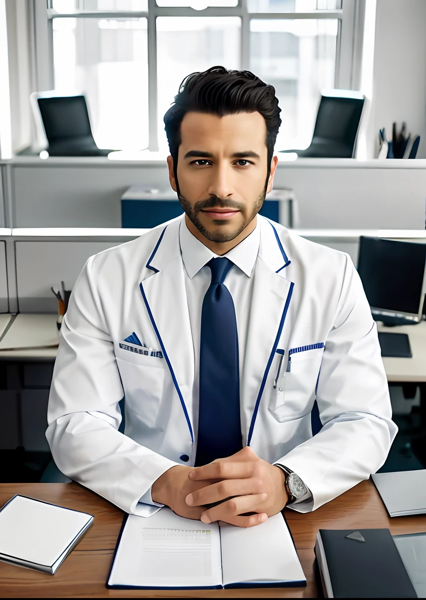 arafed man in white suit and tie sitting at a table, photo of a man, sitting at desk, wearing a doctor suit, corporate photo, handsome man, professional portrait hd, wearing doctors white suit, sitting at a desk, a photo of a man, handsome and attractive, professional profile photo, attractive man, sitting behind desk